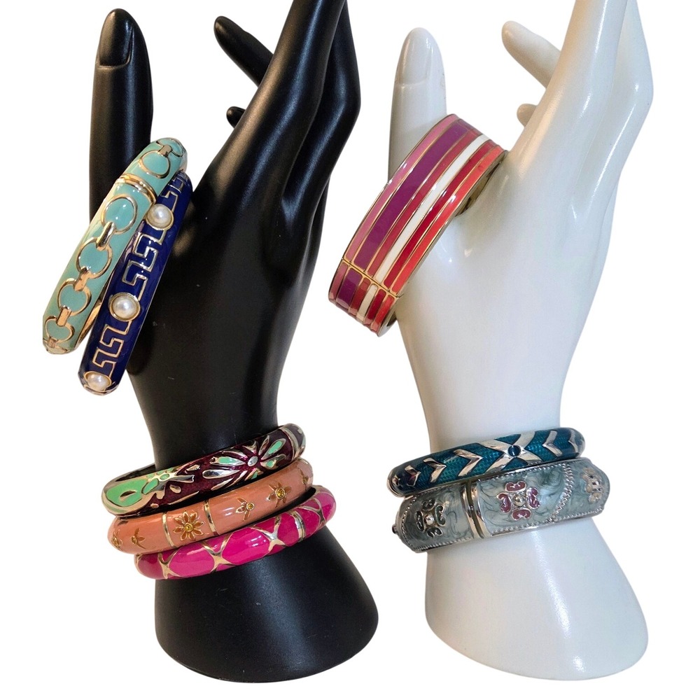 8pc Vintage Enamel Bangle Bracelet Set Gold Silver‎ Tone Floral Greek Key Stack